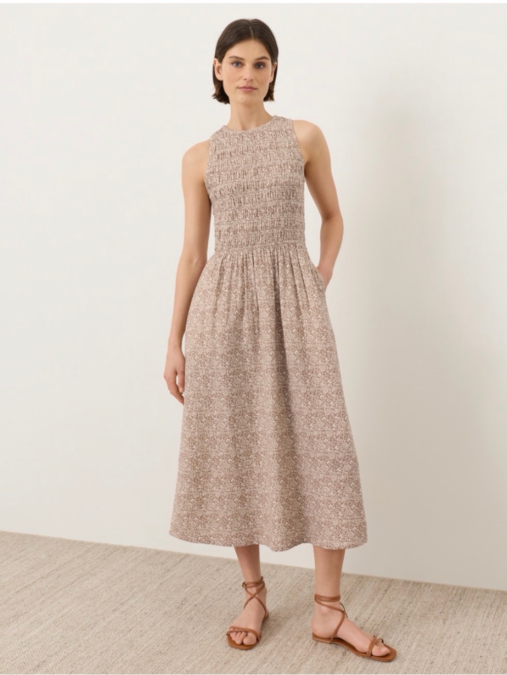 Pact Smocked Bodice Midi Dress in Neutral Floral